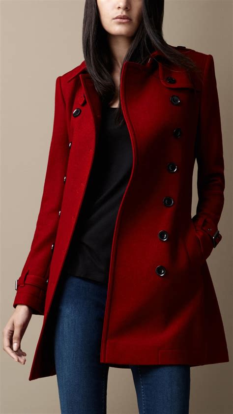 burberry red mid length wool blend trench coat|Burberry women's trench coat.